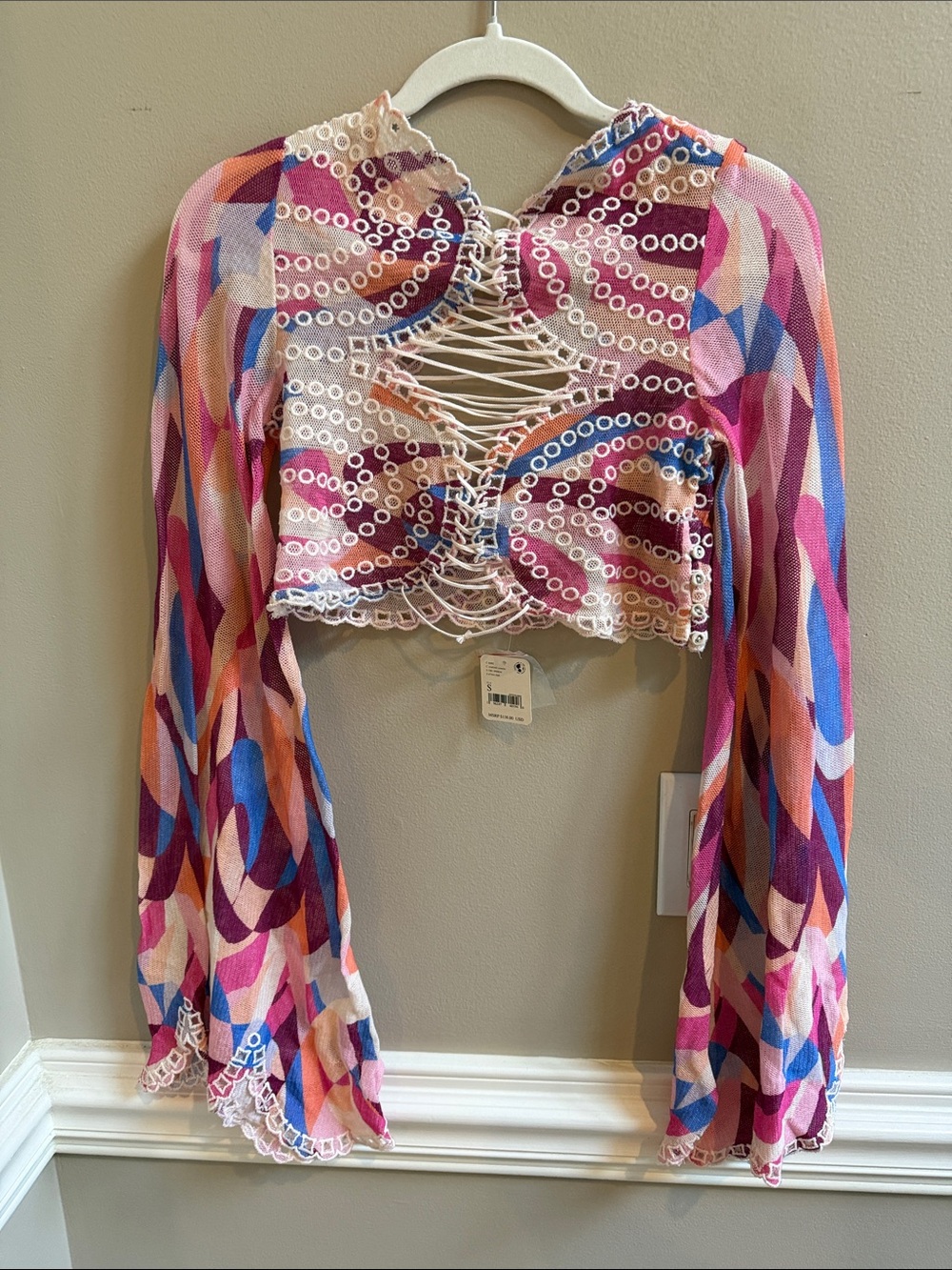 Free People Eyes On You Lace Up Mesh Crop Top Swirl Bell Sleeve Small NWT